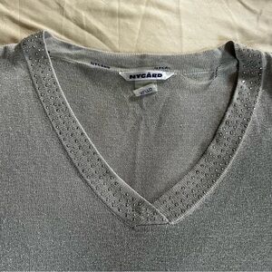 Peter Nygard Metallic Gray Knit V-Neck Tunic Rhinestone Neckline Size XL